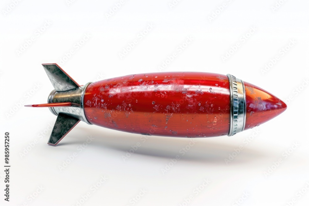 Poster a detailed model of a red and silver rocket in scale