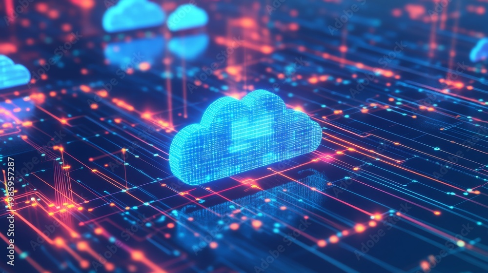 Poster a cutting-edge cloud computing concept featuring dynamic data streams and digital circuits, symboliz