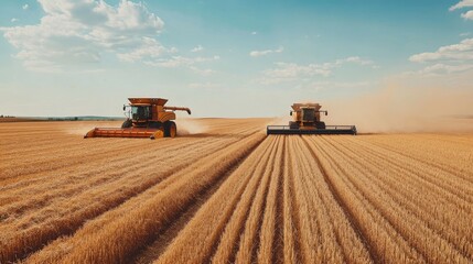 Fototapeta premium Distant shot: tractor reaping wheat.