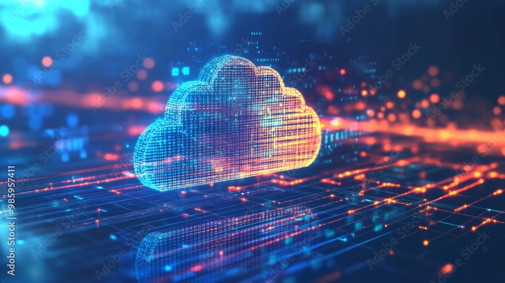 Poster cloud computing in the future, depicted through vivid data streams and advanced circuitry, showcasin