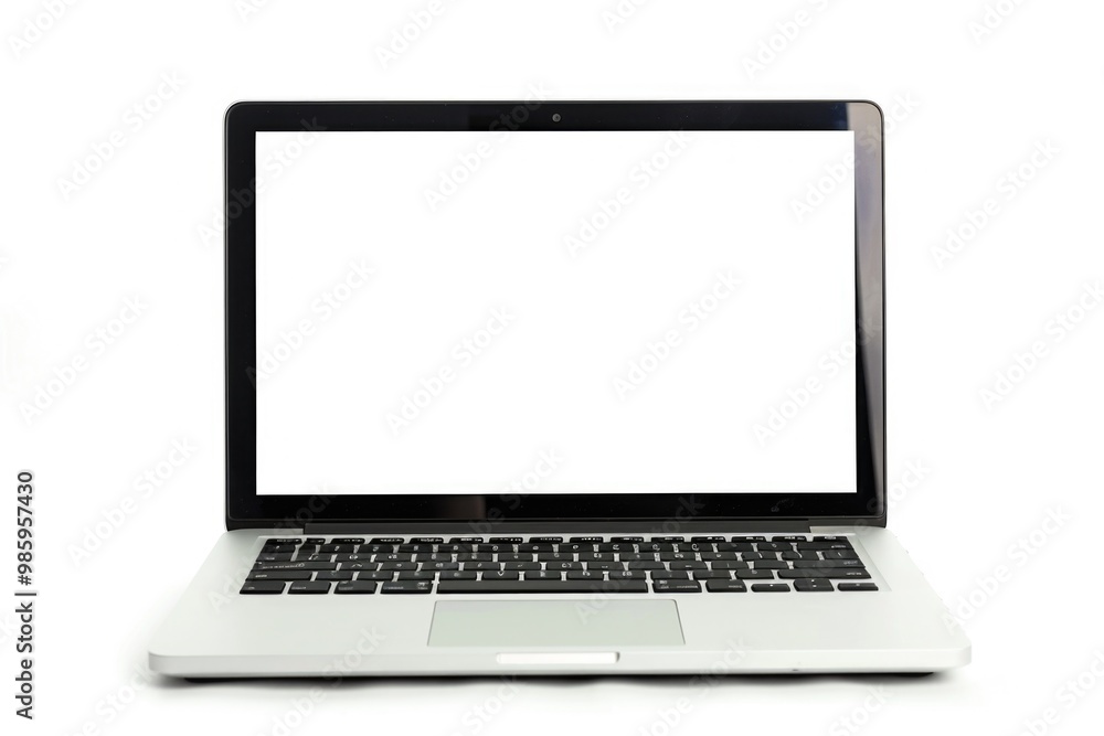 Poster a laptop computer with a blank white screen on a smooth white surface, ideal for backgrounds and pro