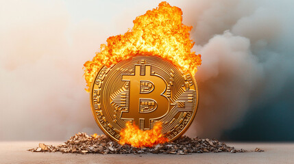 A melting Bitcoin symbol surrounded by flames represents volatile nature of cryptocurrency. fiery eruption conveys sense of urgency and transformation in digital currency landscape