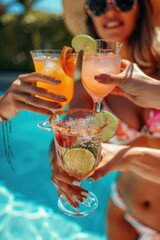 Fototapeta premium A social scene with friends and drinks by the pool, perfect for summer events or party promotions