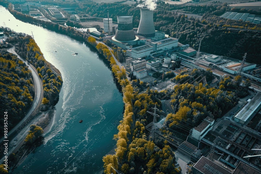 Poster A serene scene of a river winding its way through a dense and vibrant forest, perfect for use in environmental or travel images