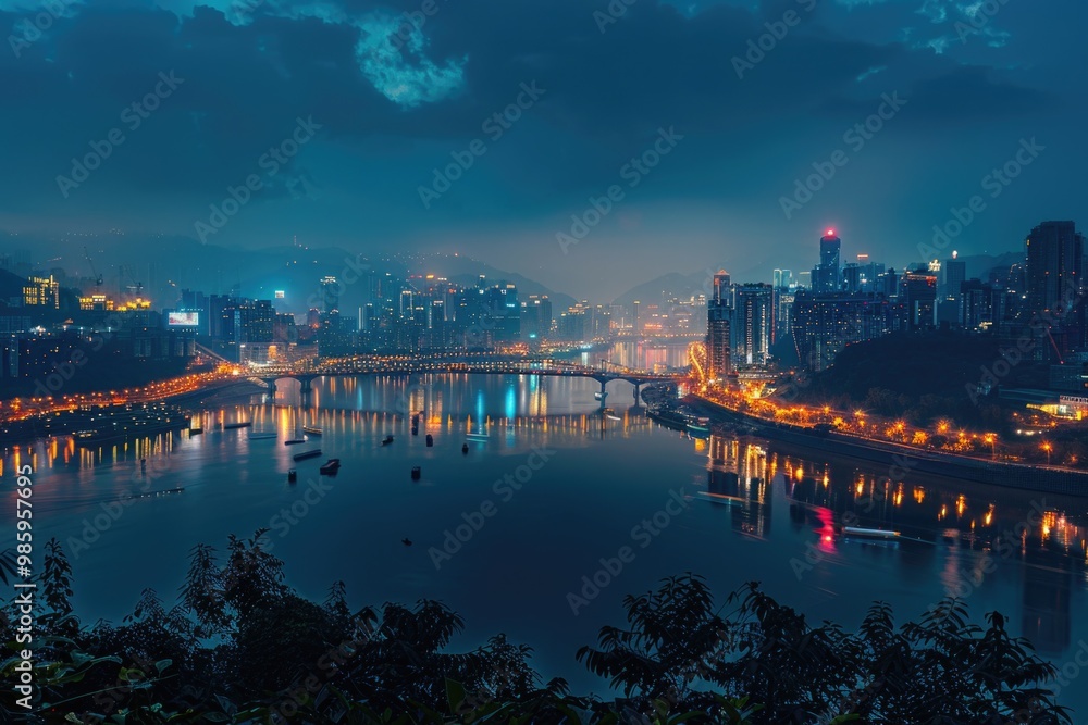 Wall mural A nighttime view of a city from a hill, with buildings and streets lit up