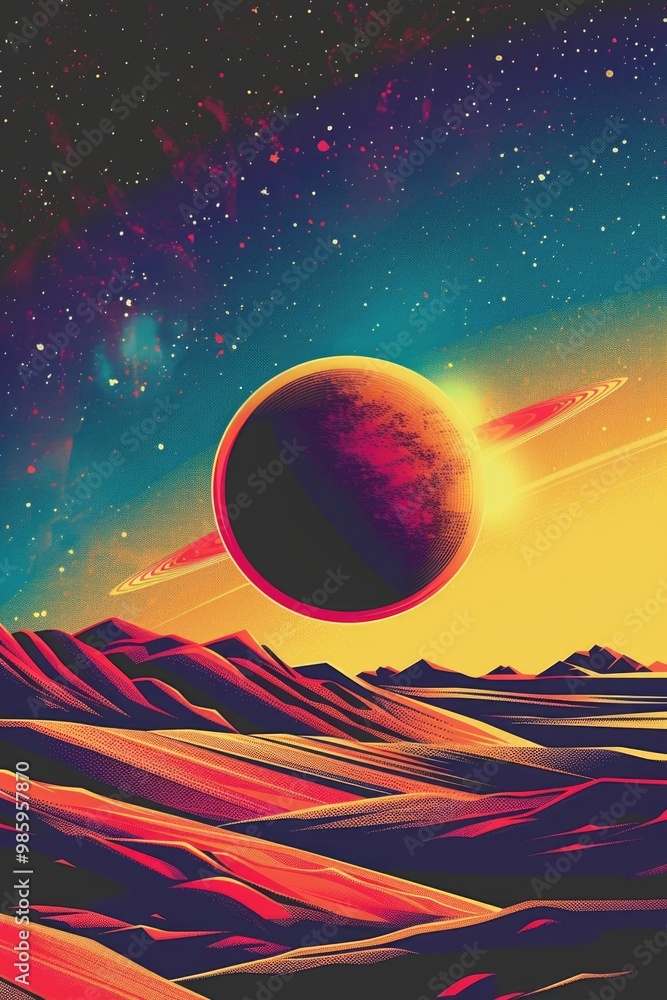 Aufkleber a space scene with a planet in the distance, suitable for use in science fiction or astronomy themes