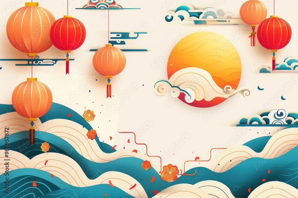 Poster A wave crashes into shore as lanterns float above, creating a peaceful atmosphere