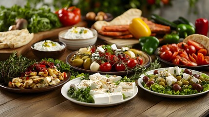 A table with various Greek dishes such as feta cheese, lamb shawarma, and salad on it.