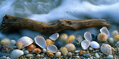Fototapeta premium Unspoiled Serenity: A seashore littered with seashells and a single piece of driftwood.