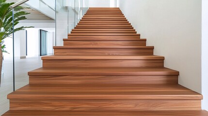 Modern wooden staircase with glass railing and plants