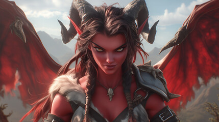 fearless female tiefling warrior with red wings and a piercing gaze, standing confidently in a mountainous terrain under bright skies