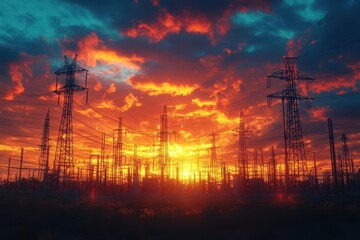 Naklejka premium industrial twilight electrical power substation at sunset detailed switchgear silhouetted transmission towers dramatic sky energy infrastructure