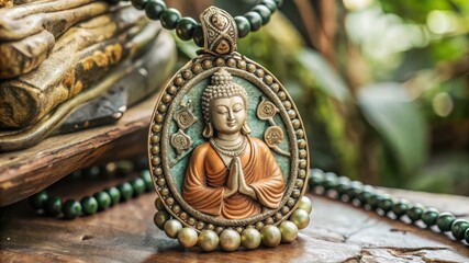 Fototapeta premium Buddha Pendant Necklace with Green Beads