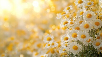 Bright daisies bloom in a golden meadow, illuminated by soft sunlight during spring