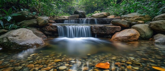 Obraz premium Serene Tropical Waterfall Oasis with Lush Greenery and Rapid Cascading Stream.