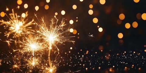 Naklejka premium Silvester New Year 2025 background banner panorama long firework and sparklers on dark black night texture, with space for text