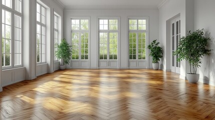 Natural light floods the spacious room adorned with stylish plants and wooden floors