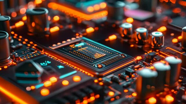 Footage of CPU on motherboard with elements. Technology concept