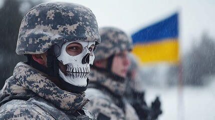 Fototapeta premium Soldiers in snowy terrain show intensity and resolve, ready for action
