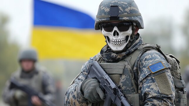 A soldier wearing a skull mask holds a weapon, showcasing determination and courage