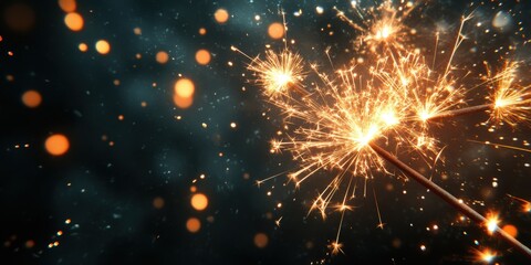 Obraz premium Silvester New Year 2025 background banner panorama long firework and sparklers on dark black night texture, with space for text