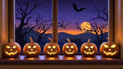 Fototapeta premium Glowing jack-o'-lanterns sit on a windowsill, while a full moon, bats, and spooky trees create a perfect Halloween night scene outside