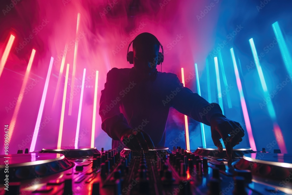 Poster a person mixing music with colorful lights in the background