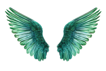 Emerald green wings with intricate feather design, showcasing a gradient from dark to light green. This vibrant, detailed artwork suggests growth, nature, and tranquility.