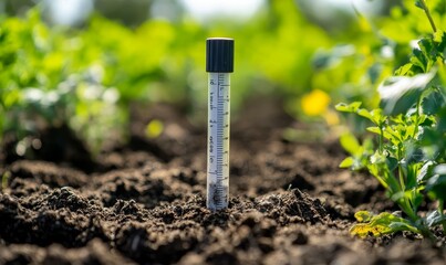 A rain gauge in the soil with green plants.