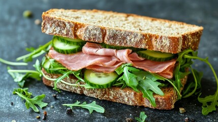 Ham and veggie sandwich on wholemeal bread.