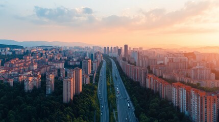 Aerial View of Cityscape at Sunset with Highway