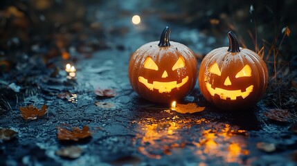 Cozy Autumn Scene with Glowing Pumpkins and Rainfall