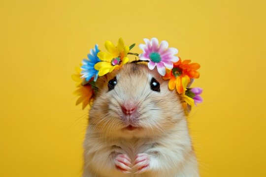 Adorable hamster with floral crown on yellow background