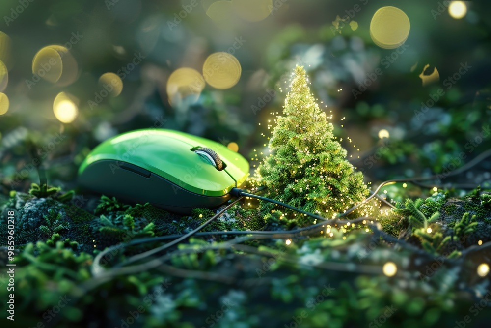 Poster A computer mouse sits on top of a lush green field, suitable for use in editorial or commercial contexts
