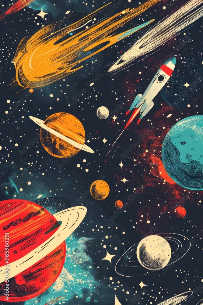 Poster a futuristic space scene featuring planets and rockets in the sky