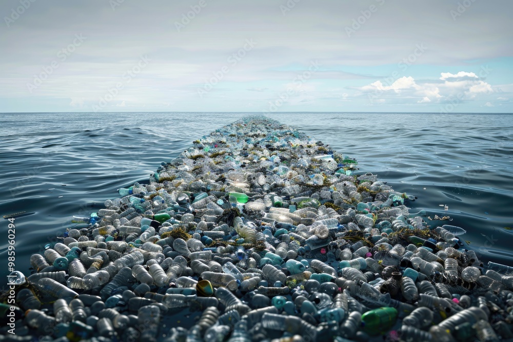 Poster A large amount of plastic bottles floating in the ocean, highlighting pollution and environmental issues