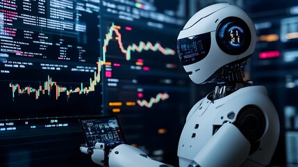 AI Powered Robot Analyzing Crypto Blockchain Data and Financial Analytics to Identify Investment Opportunities in Decentralized Digital Asset Markets