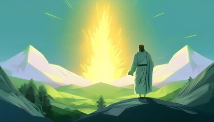 Dramatic Scene of Moses Confronting the Miraculous Burning Bush, Surrounded by a Desert Landscape, with Fiery Flames Illuminating His Awe-Struck Face, Symbolizing Divine Encounter and Revelation