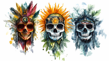 Spiritual tribal masks with sun, skulls, and nature elements in watercolor art. Tribal Art. Illustration