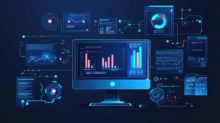 a computer and dashboard for data business analysis and Data Management System, Customers database, gather information to report, Data science technology and digital marketing icons