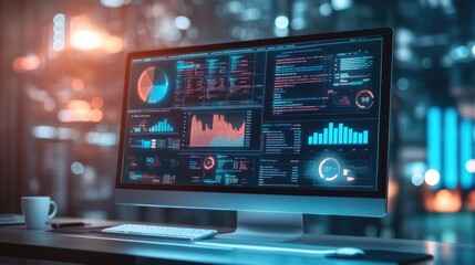 Obraz premium a computer and dashboard for data business analysis and Data Management System, Customers database, gather information to report, Data science technology and digital marketing icons