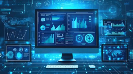 Fototapeta premium a computer and dashboard for data business analysis and Data Management System, Customers database, gather information to report, Data science technology and digital marketing icons