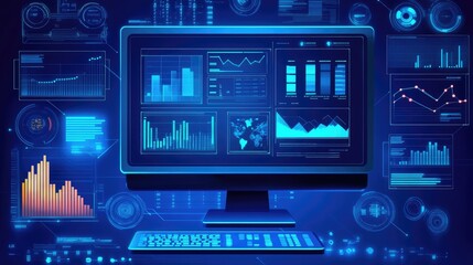 Fototapeta premium a computer and dashboard for data business analysis and Data Management System, Customers database, gather information to report, Data science technology and digital marketing icons