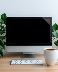 Modern Desktop Setup with Dual Monitors and Coffee