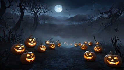 Carved pumpkins with glowing faces light up a dark path under the moonlight, creating a mysterious and festive Halloween atmosphere