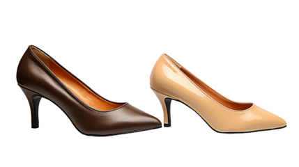 A pair of high-heeled shoes in brown and beige are showcased side by side, highlighting their sleek designs and elegant appeal for formal occasions.