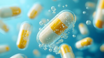 Yellow and white capsules floating with transparent water molecules on a soft blue background, illustrating a pharmaceutical concept with high detail and clean medical aesthetics.