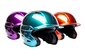 Fototapeta premium A vibrant collection of three racing helmets in purple, teal, and orange highlights their stylish designs and protective features in a well-lit setting.