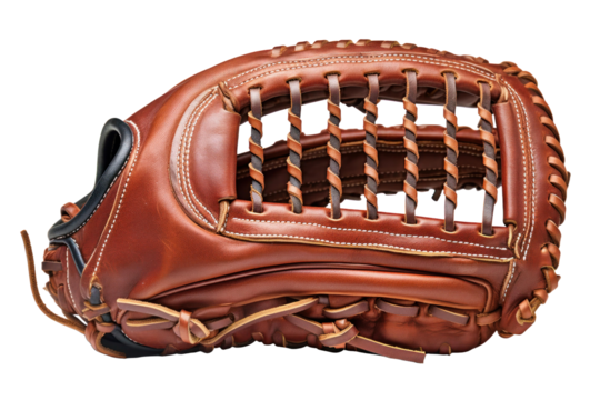 Bathed in warm light, the intricate leather details of this rich brown baseball glove highlight the craftsmanship, eagerly awaiting action on a vibrant game day.