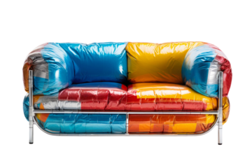 This striking inflatable couch features bold blue, yellow, and red colors, combining comfort and modern design, ideal for contemporary living spaces.